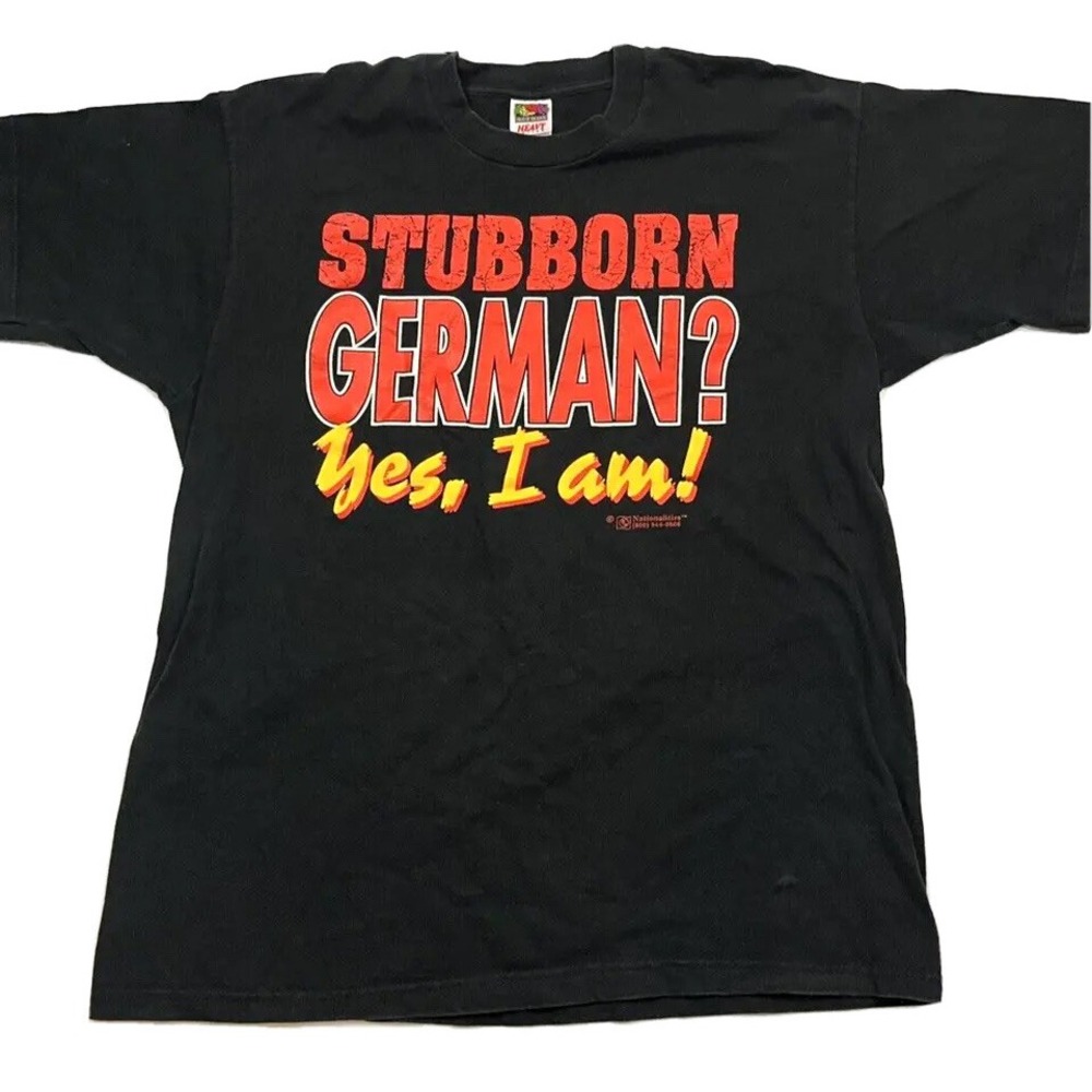 Vintage Y2K Fruit of the Loom XL‎ Black Stubborn German Graphic Heritage Tee